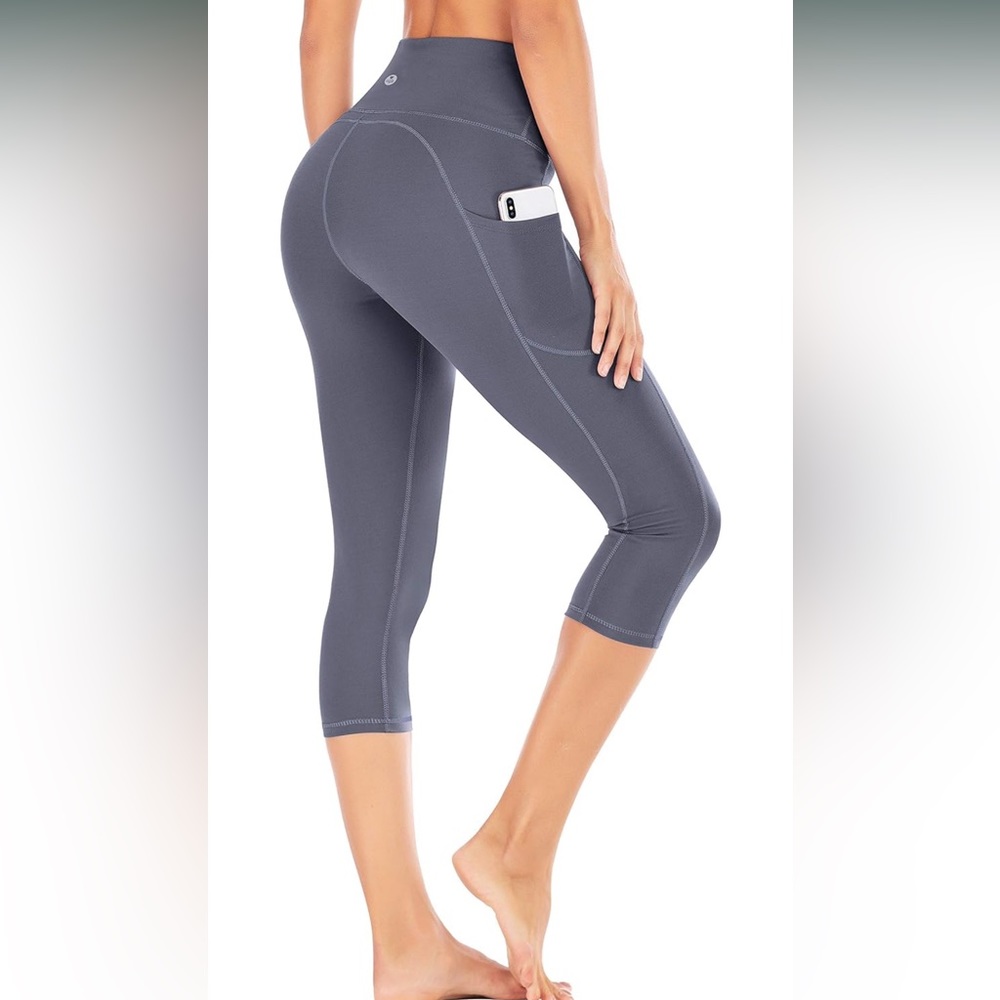 Iuga Gray High Waisted Cropped Capris Pocket Leggings Yoga Pants New